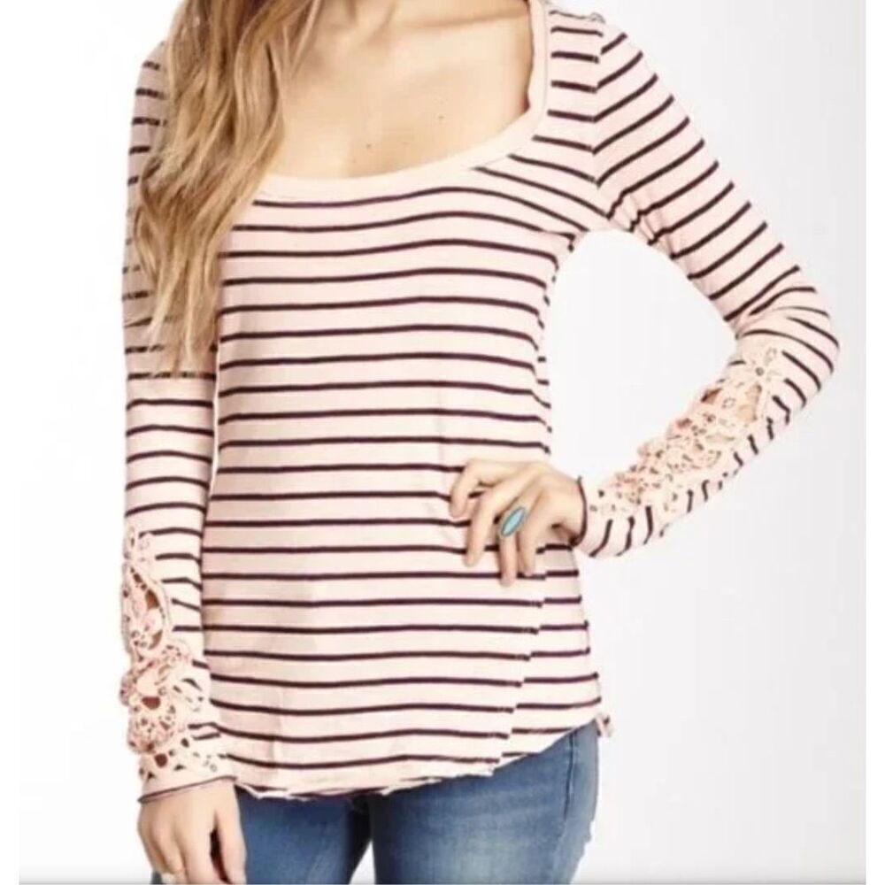 32- FREE PEOPLE Tuscaloosa Hard Candy Cuff Striped BOHO PINK Shirt Top sz XS